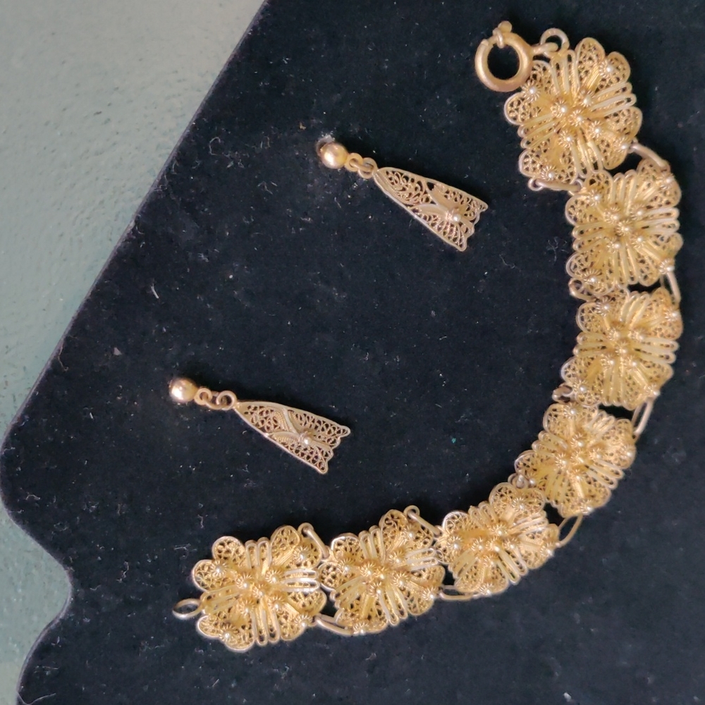 VTG Portuguese sterling vermeil filigree Earrings And Bracelet set (#88)